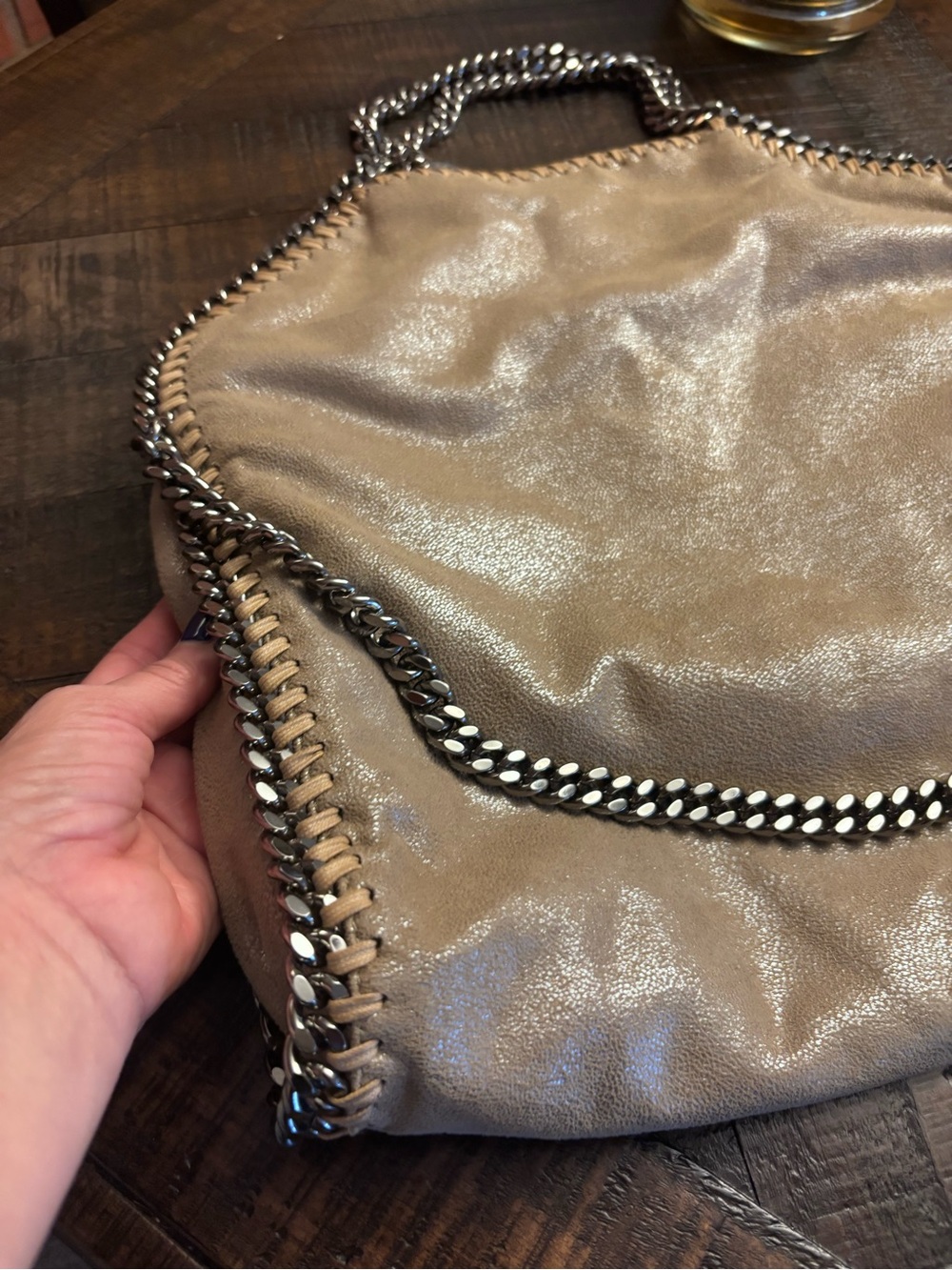 Stella McCartney Metallic Taupe Shoulder Bag with Gunmetal Chain Trim